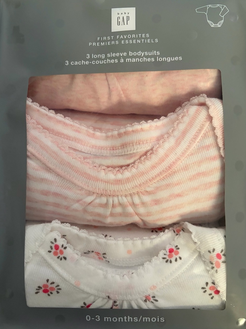 GAP-Baby First Favourite 3pk 100% cotton Long-Sleeve Bodysuits (size 0-3mth/pink